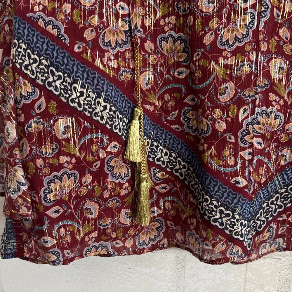 Ramy Brook Burgundy Gold Paisley Print Flowy Blouse - Picture 3 of 5